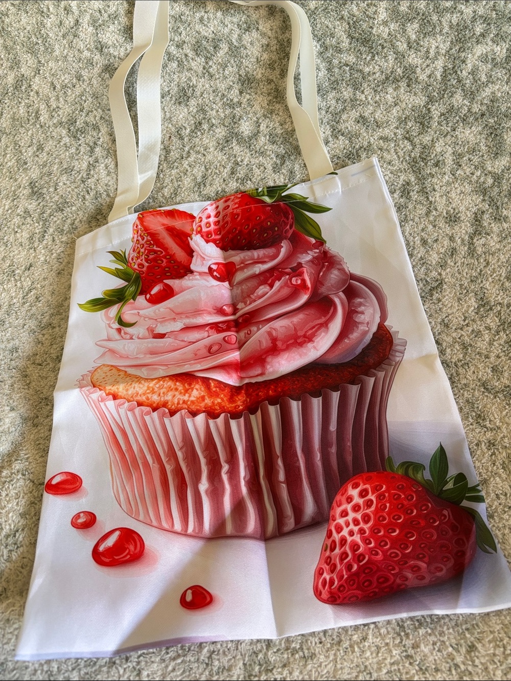 Strawberry Frosted Cupcake Poly Canvas Tote Bag NWT 13.25”x16”